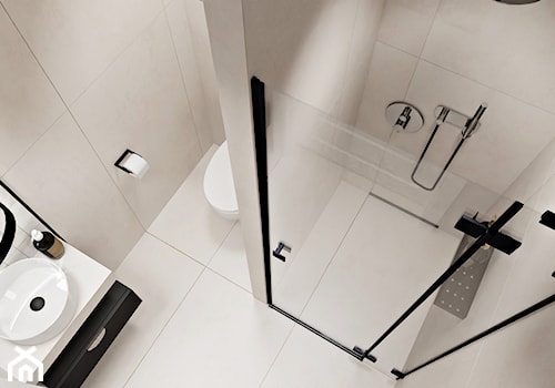 Minimalistyczna beżowa, kremowa łazienka z prysznicem z czarnymi dodatkami - zdjęcie od Wydział Spraw Wewnętrznych