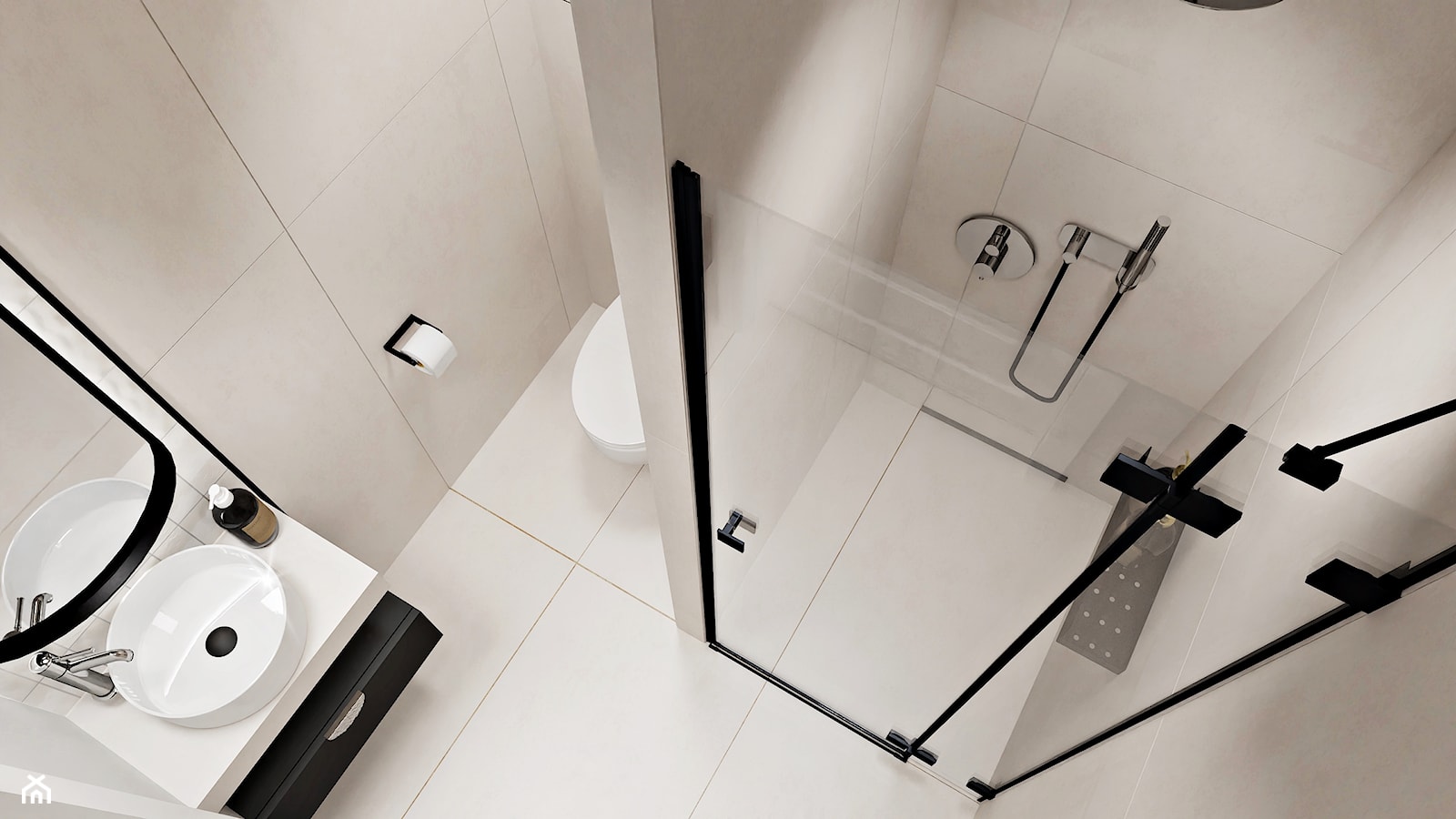 Minimalistyczna beżowa, kremowa łazienka z prysznicem z czarnymi dodatkami - zdjęcie od Wydział Spraw Wewnętrznych - Homebook