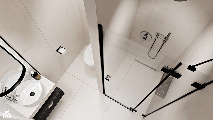 Minimalistyczna beżowa, kremowa łazienka z prysznicem z czarnymi dodatkami - zdjęcie od Wydział Spraw Wewnętrznych