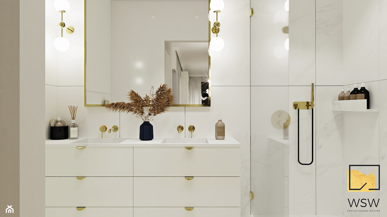 płytki marmur, calacatta, łazienka modern classic, jasna łazienka ze złotem - zdjęcie od Wydział Spraw Wewnętrznych - Homebook
