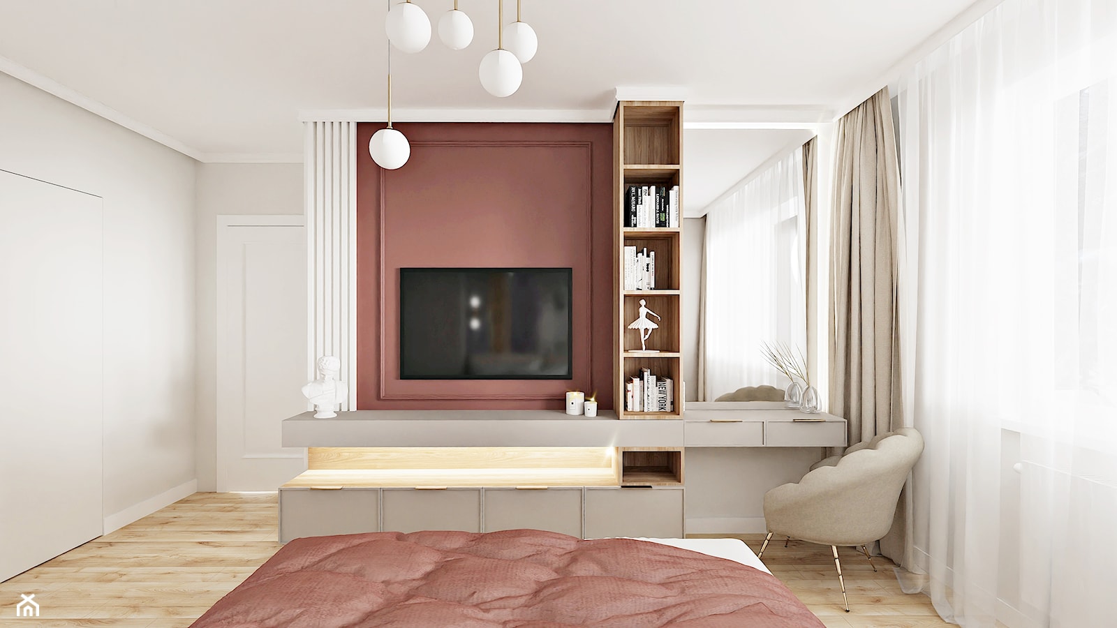 Beżowa sypialnia modern classic z różem marsala - zdjęcie od Wydział Spraw Wewnętrznych - Homebook