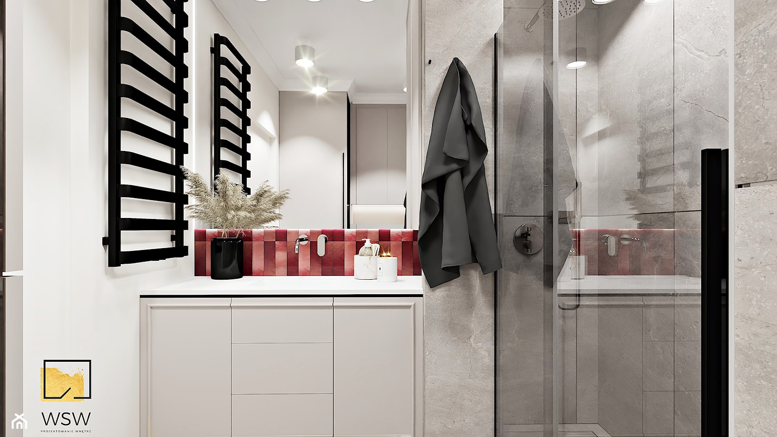 elegancka łazienka w szarobeżach z dodatkiem bordo z prysznicem - zdjęcie od Wydział Spraw Wewnętrznych - Homebook