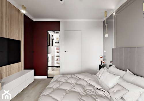 beżowo szaro bordowa sypialnia w stylu modern classic z łazienką i garderobą - zdjęcie od Wydział Spraw Wewnętrznych