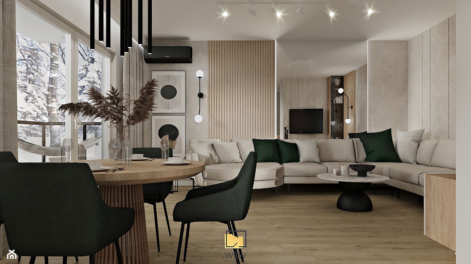 Nowoczesny i elegancki salon z aneksem w stylu soft loft - zdjęcie od Wydział Spraw Wewnętrznych - Homebook