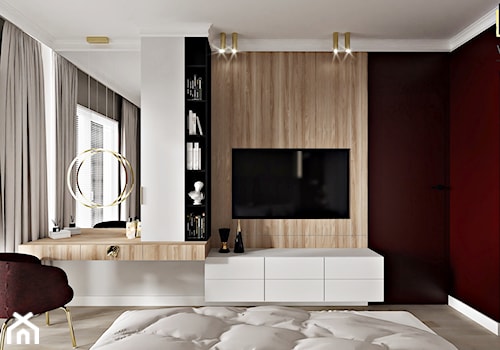 beżowo szaro bordowa sypialnia w stylu modern classic z łazienką i garderobą - zdjęcie od Wydział Spraw Wewnętrznych
