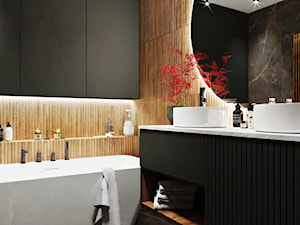 Japandi w wersji ciemnej, łazienka 8m2 z wanną i prysznicem - zdjęcie od Wydział Spraw Wewnętrznych