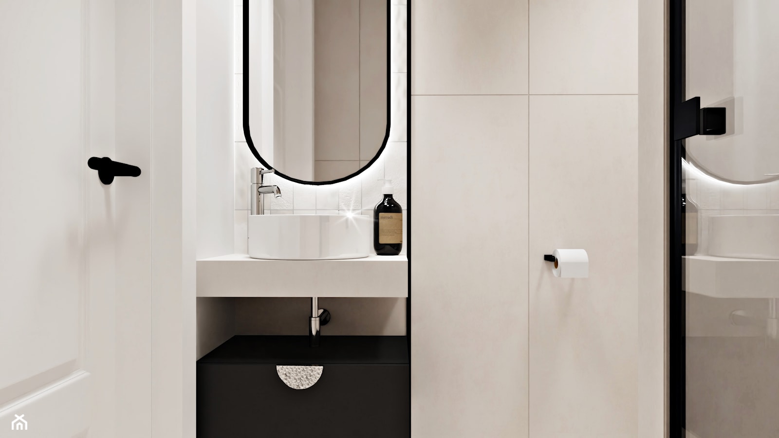 Minimalistyczna beżowa, kremowa łazienka z prysznicem z czarnymi dodatkami - zdjęcie od Wydział Spraw Wewnętrznych - Homebook