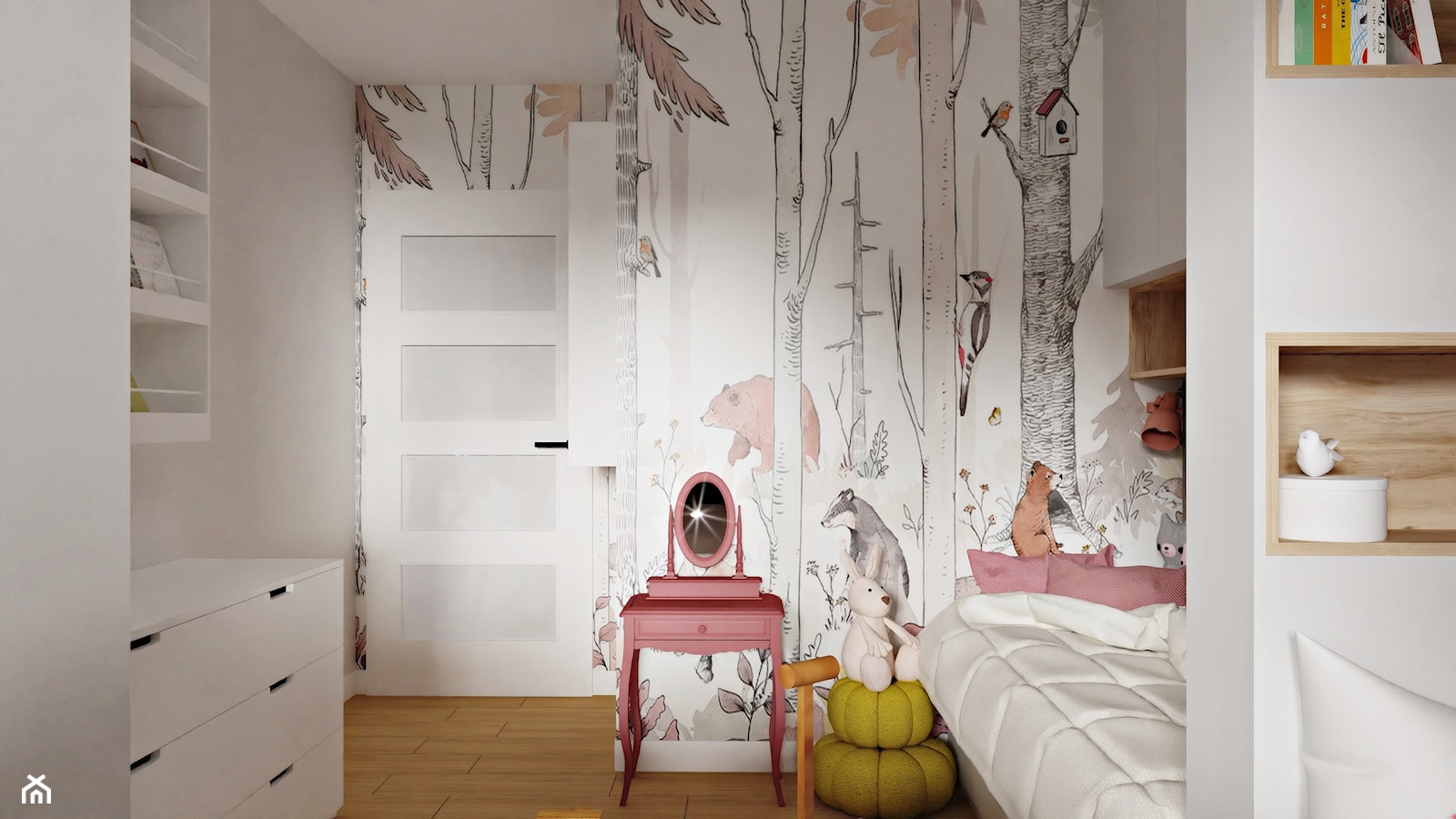 pokój dwóch sióstr - 12m2 z leśnymi zwierzątkami i różowym akcentem - zdjęcie od Wydział Spraw Wewnętrznych - Homebook