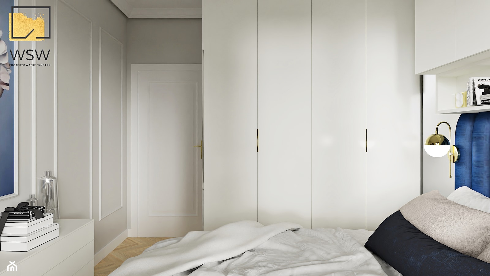 jasna ciepła, śmietankowa ivory sypialnia modern classic z dodatkiem granatu, granatowa - zdjęcie od Wydział Spraw Wewnętrznych - Homebook