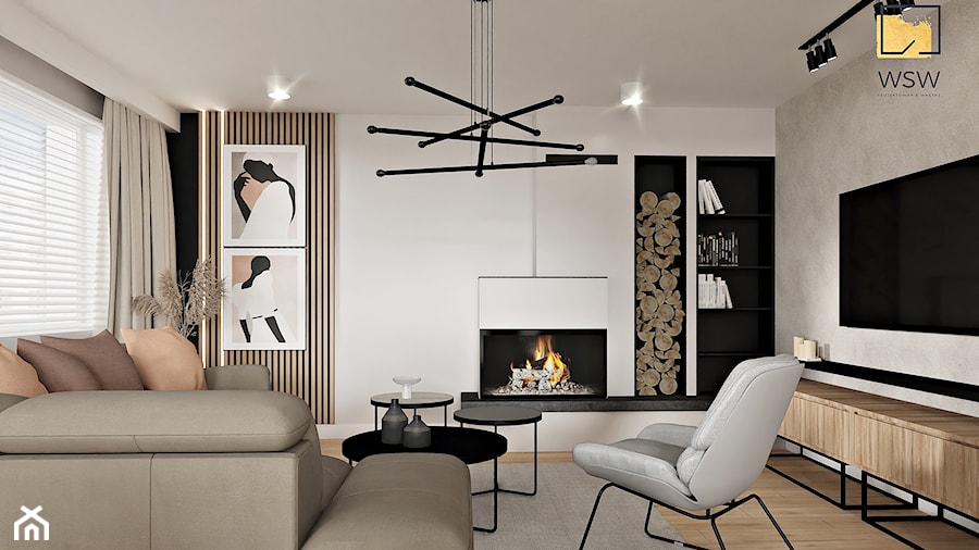 elegancki salon w ciepłym odcieniu soft loft z czarnymi elementami - zdjęcie od Wydział Spraw Wewnętrznych