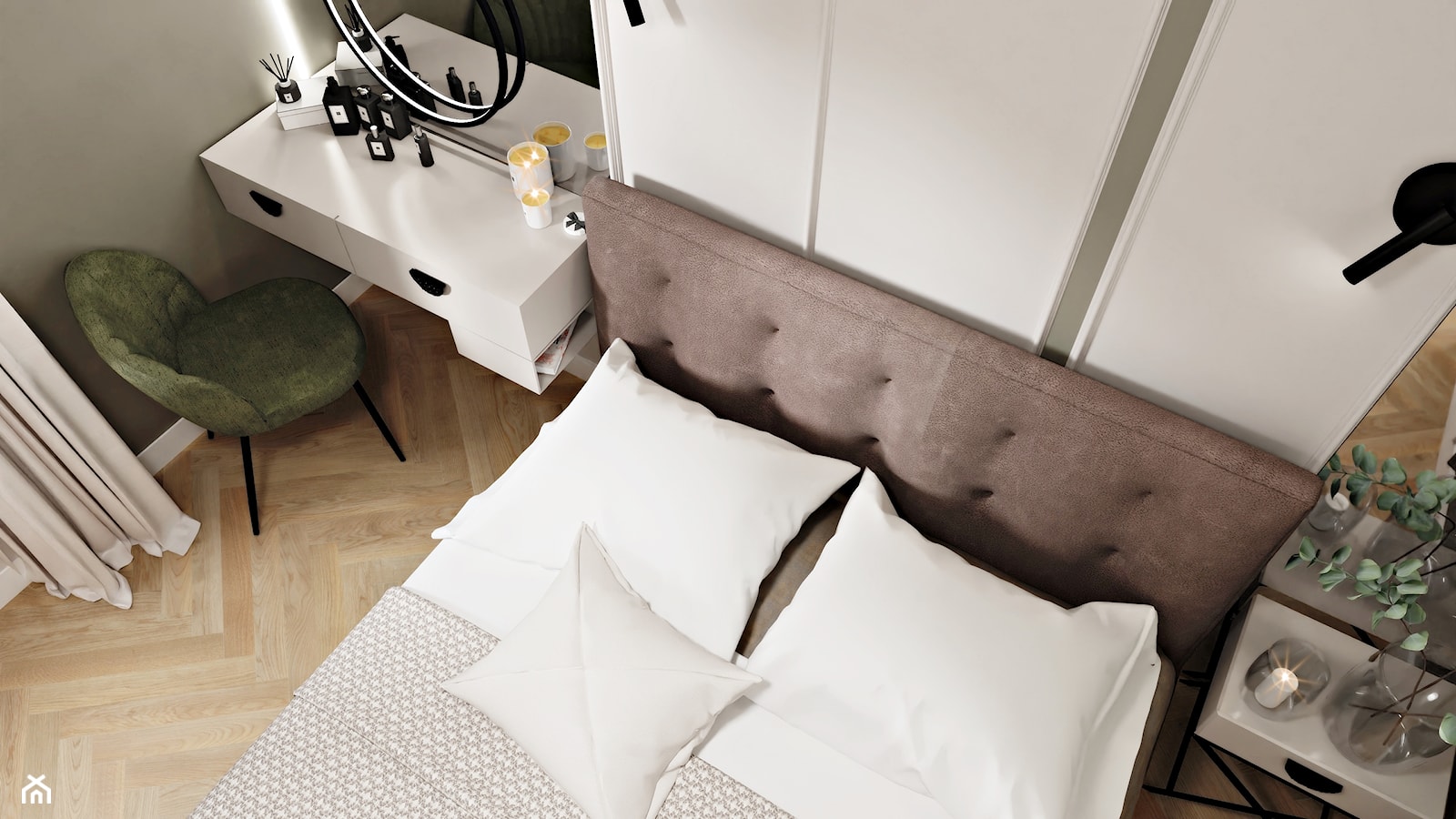 Beżowo-oliwkowa, khaki sypialnia w stylu modern classic na poddaszu - zdjęcie od Wydział Spraw Wewnętrznych - Homebook