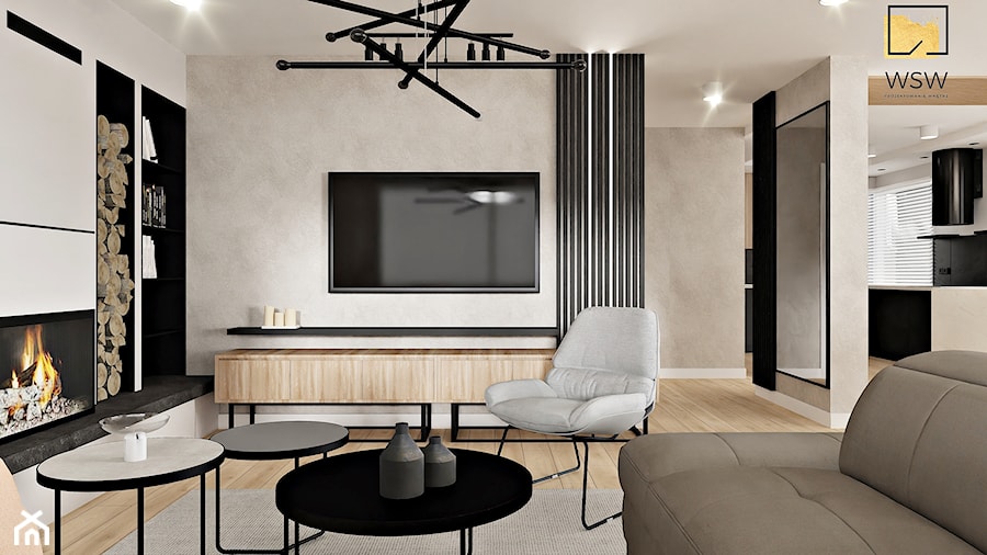 elegancki salon w ciepłym odcieniu soft loft z czarnymi elementami - zdjęcie od Wydział Spraw Wewnętrznych
