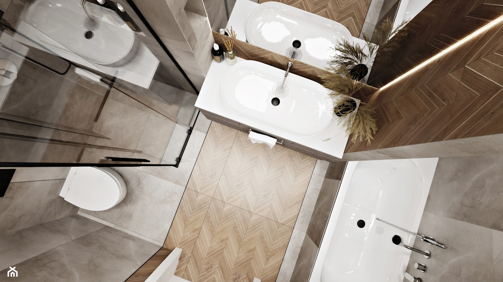 Szaro-drewniana łazienka z wanną i prysznicem z płytkami w jodełkę - zdjęcie od Wydział Spraw Wewnętrznych - Homebook