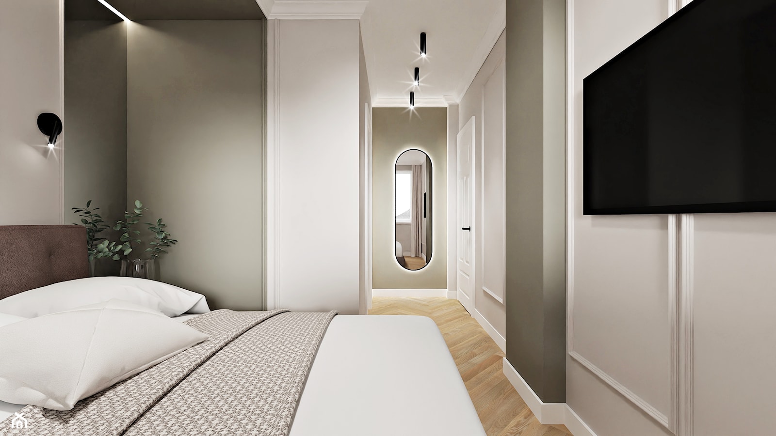 Beżowo-oliwkowa, khaki sypialnia w stylu modern classic na poddaszu - zdjęcie od Wydział Spraw Wewnętrznych - Homebook