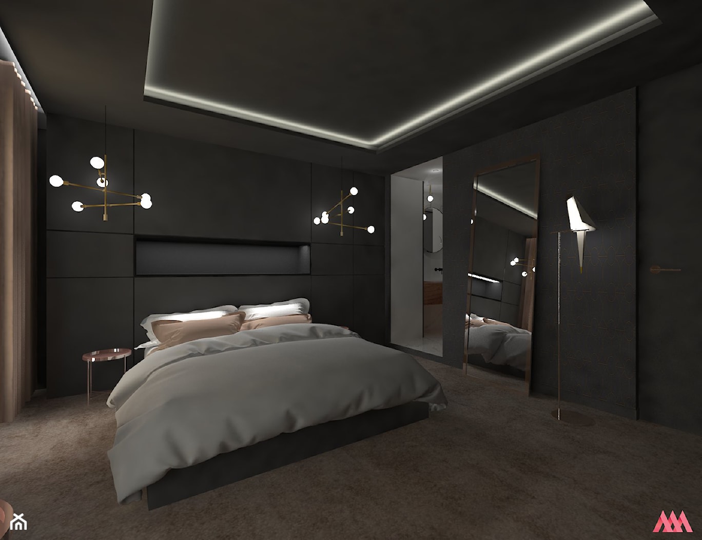 Mieszkanie 70m2 w Piasecznie - Duża czarna sypialnia z łazienką, styl nowoczesny - zdjęcie od MWZ Architektura Wnętrz - Homebook