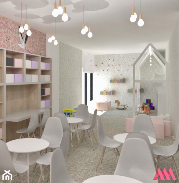 Playroom - Duży biały różowy szary pokój dziecka dla dziecka dla nastolatka dla dziewczynki - zdjęcie od MWZ Architektura Wnętrz