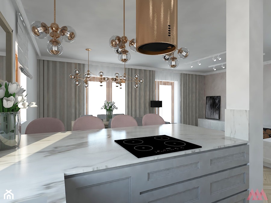 Dom | Lesznowola - Średnia z salonem biała kuchnia z wyspą lub półwyspem, styl nowoczesny - zdjęcie od MWZ Architektura Wnętrz