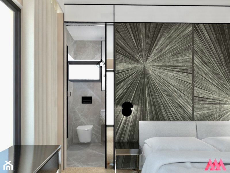 Sypialnia z łazienką - Mała beżowa sypialnia z łazienką z balkonem / tarasem, styl nowoczesny - zdjęcie od MWZ Architektura Wnętrz
