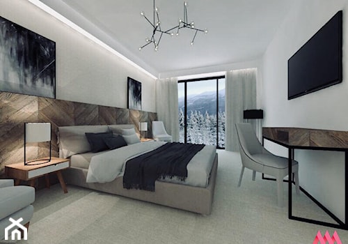 Pokój hotelowy - Duża biała z biurkiem sypialnia z balkonem / tarasem - zdjęcie od MWZ Architektura Wnętrz