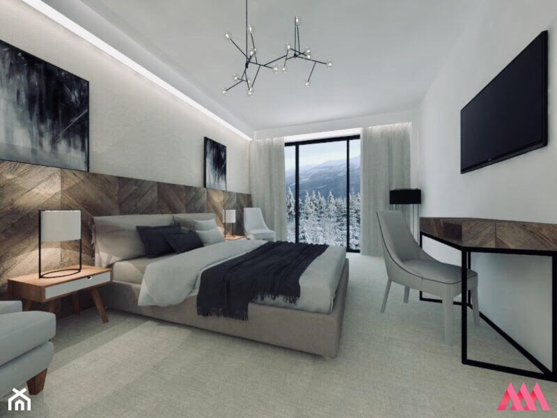 Pokój hotelowy - Duża biała z biurkiem sypialnia z balkonem / tarasem - zdjęcie od MWZ Architektura Wnętrz - Homebook