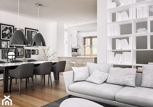 Wnętrza domu w Konstancinie - Duża biała jadalnia w salonie, styl skandynawski - zdjęcie od Ev Architects