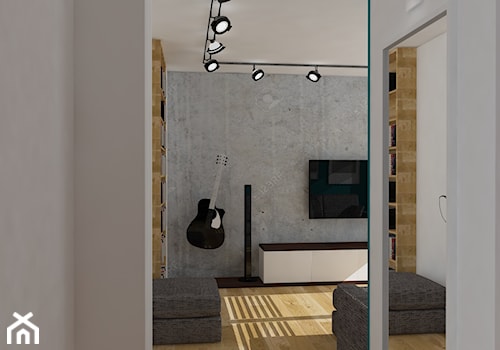 Projekt koncepcyjny mieszkania 3 - Biały szary salon z bibiloteczką, styl nowoczesny - zdjęcie od KRAMKOWSKA | PRACOWNIA WNĘTRZ