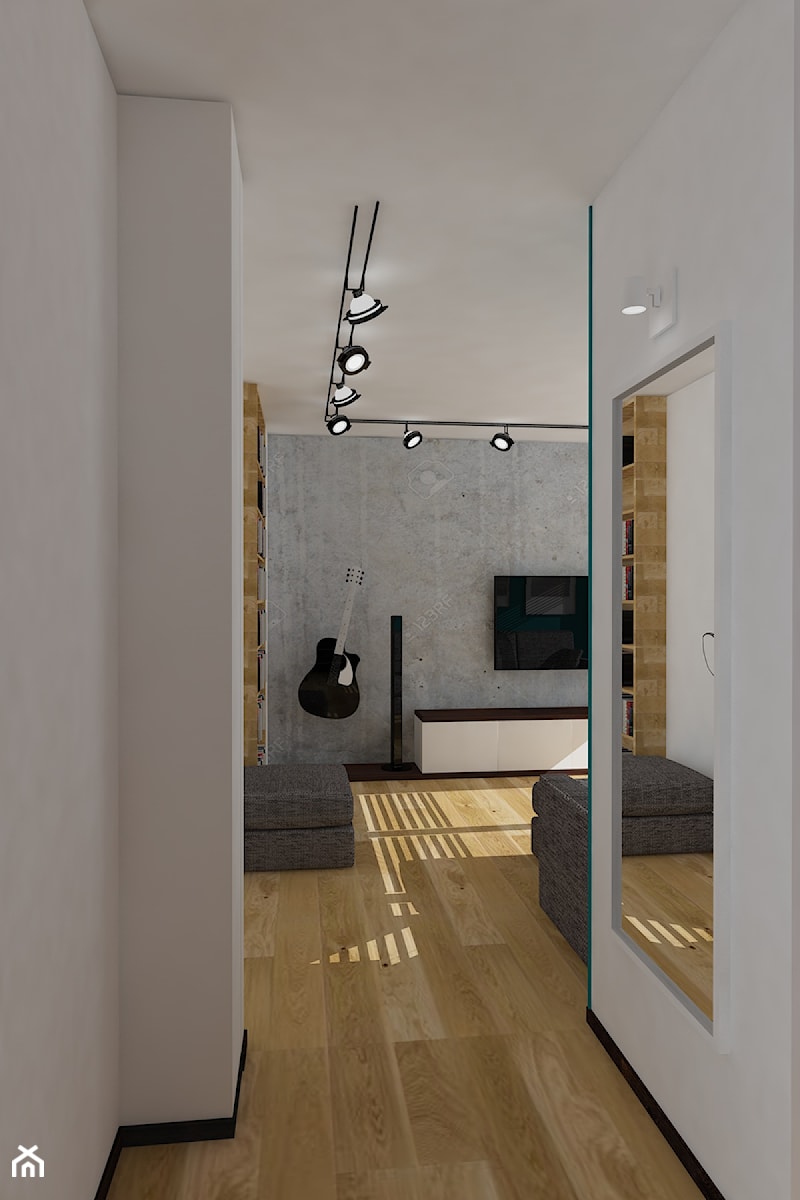 Projekt koncepcyjny mieszkania 3 - Biały szary salon z bibiloteczką, styl nowoczesny - zdjęcie od KRAMKOWSKA | PRACOWNIA WNĘTRZ