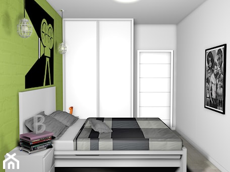 Aranżacje wnętrz - Sypialnia: projekt mieszkania 40m2 - Średnia biała zielona sypialnia, styl industrialny - KRAMKOWSKA | PRACOWNIA WNĘTRZ. Przeglądaj, dodawaj i zapisuj najlepsze zdjęcia, pomysły i inspiracje designerskie. W bazie mamy już prawie milion fotografii!