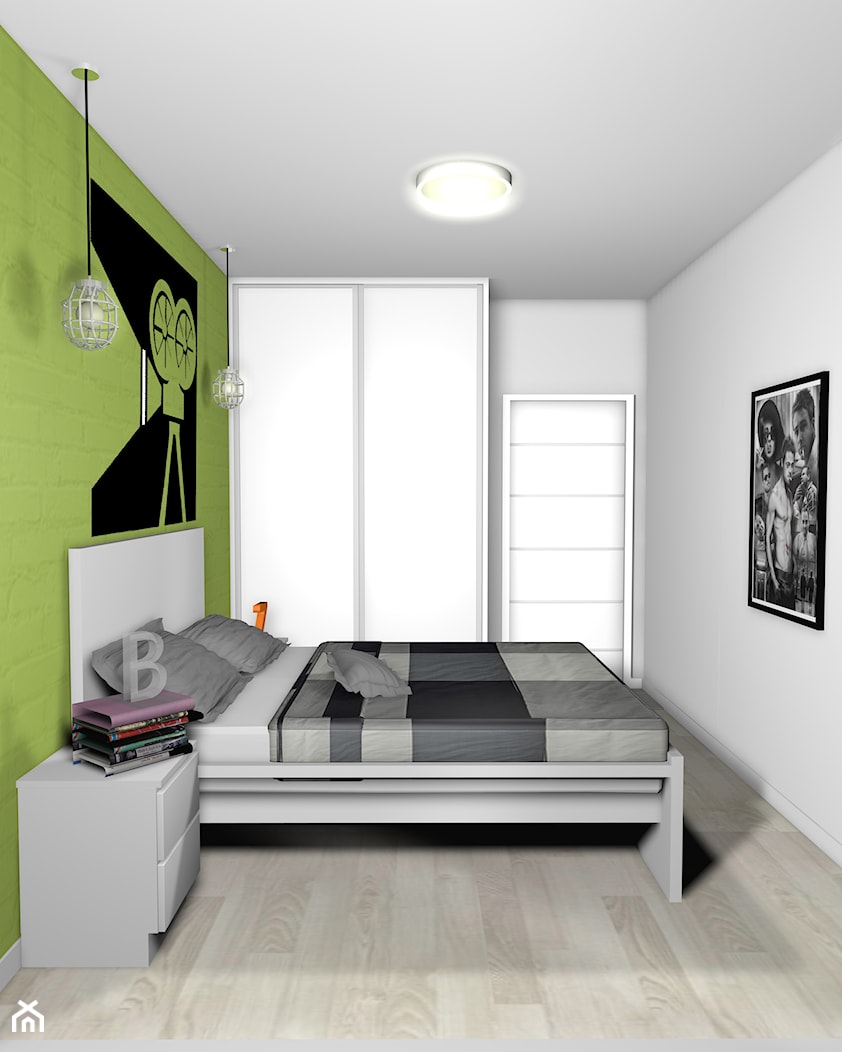 projekt mieszkania 40m2 - Średnia biała zielona sypialnia, styl industrialny - zdjęcie od KRAMKOWSKA | PRACOWNIA WNĘTRZ - Homebook