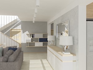 Projekt wnętrz części domu w Białymstoku - Średni biały szary salon z bibiloteczką, styl nowoczesny - zdjęcie od KRAMKOWSKA | PRACOWNIA WNĘTRZ