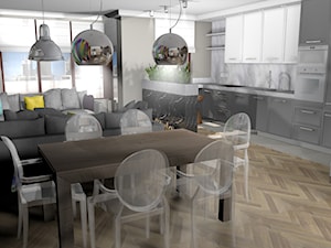projekt przestrzeni wspólnej w mieszkaniu na Żoliborzu - Duża szara jadalnia w salonie w kuchni, styl glamour - zdjęcie od KRAMKOWSKA | PRACOWNIA WNĘTRZ