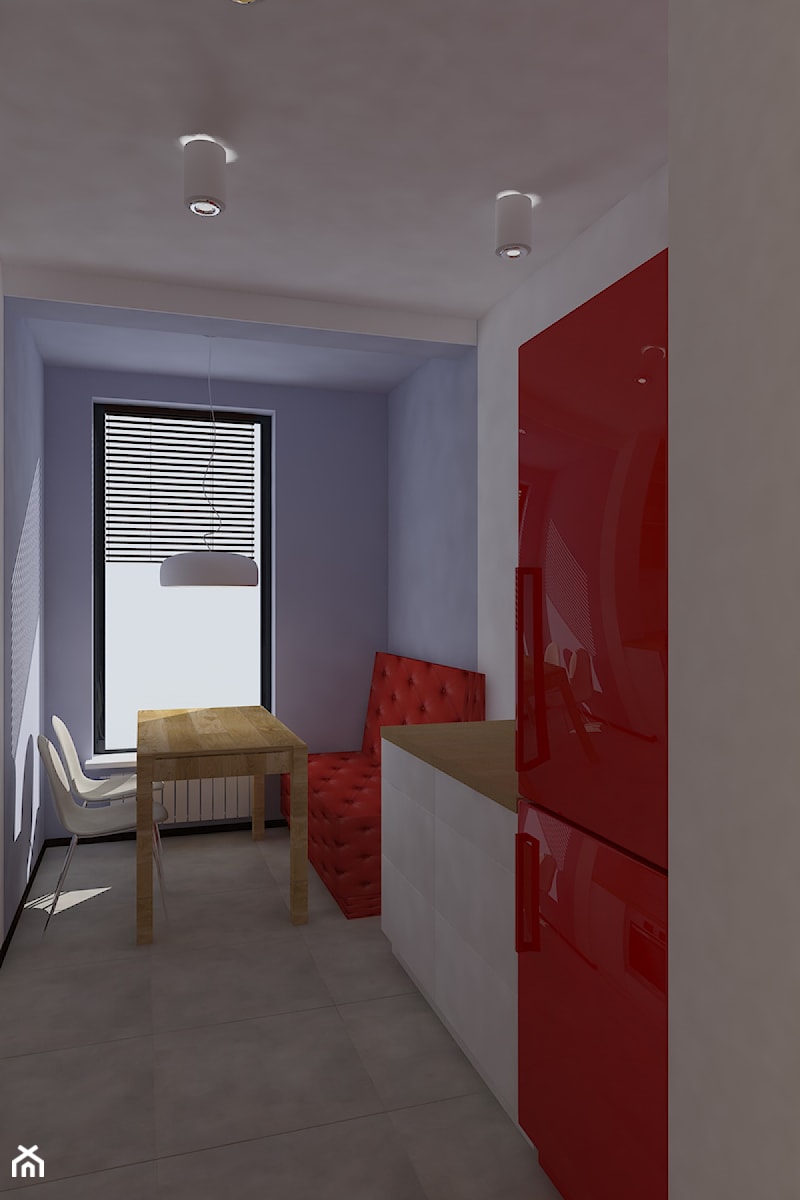 Projekt koncepcyjny mieszkania 3 - Mała zamknięta z kamiennym blatem biała niebieska z zabudowaną lodówką kuchnia jednorzędowa z oknem, styl nowoczesny - zdjęcie od KRAMKOWSKA | PRACOWNIA WNĘTRZ