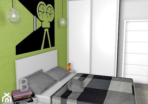 projekt mieszkania 40m2 - Średnia szara zielona sypialnia, styl industrialny - zdjęcie od KRAMKOWSKA | PRACOWNIA WNĘTRZ