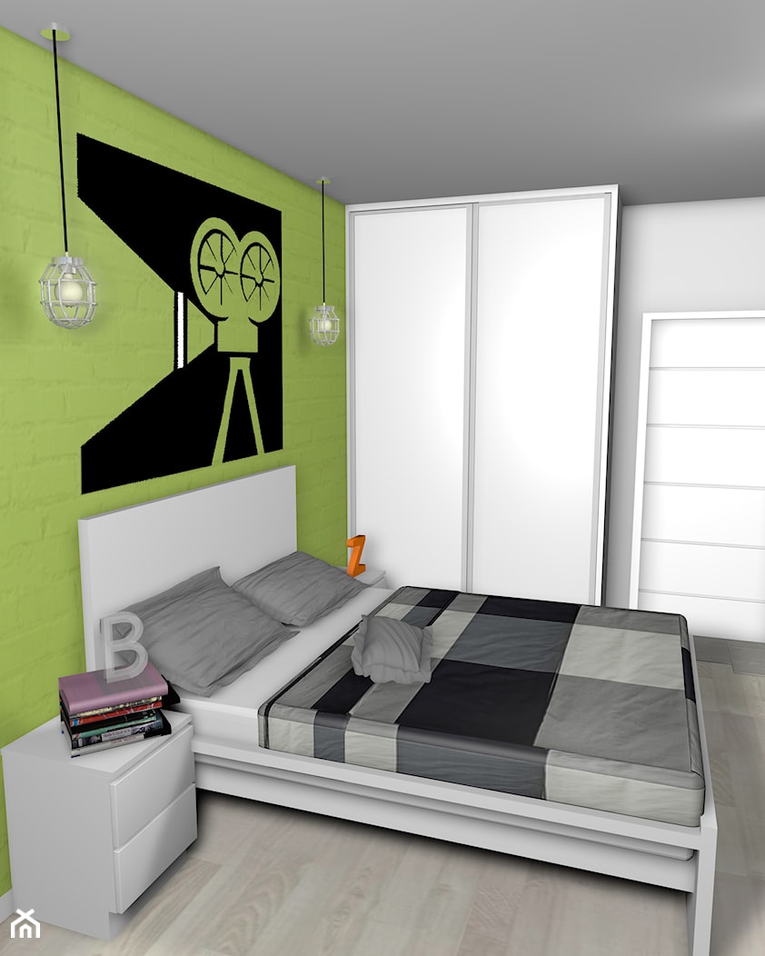 projekt mieszkania 40m2 - Średnia szara zielona sypialnia, styl industrialny - zdjęcie od KRAMKOWSKA | PRACOWNIA WNĘTRZ - Homebook