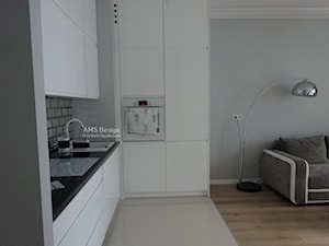 Mała otwarta z salonem szara z zabudowaną lodówką z nablatowym zlewozmywakiem kuchnia w kształcie litery l - zdjęcie od Tamara Klupińska