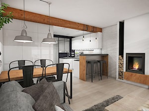 Projekt mieszkania w stylu loftowym - Średnia otwarta z salonem biała z zabudowaną lodówką kuchnia w kształcie litery u z oknem, styl industrialny - zdjęcie od StudioArchemia
