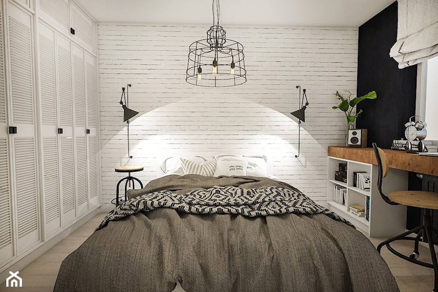 Projekt mieszkania w stylu loftowym - Średnia biała czarna z biurkiem sypialnia, styl industrialny - zdjęcie od StudioArchemia