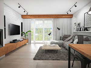 Projekt mieszkania w stylu loftowym - Średni szary salon z jadalnią z tarasem / balkonem, styl industrialny - zdjęcie od StudioArchemia