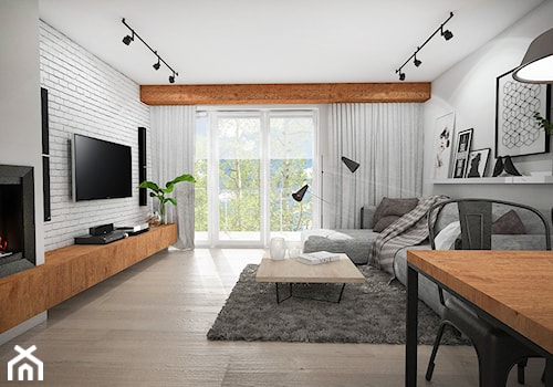 Projekt mieszkania w stylu loftowym - Średni szary salon z jadalnią z tarasem / balkonem, styl industrialny - zdjęcie od StudioArchemia