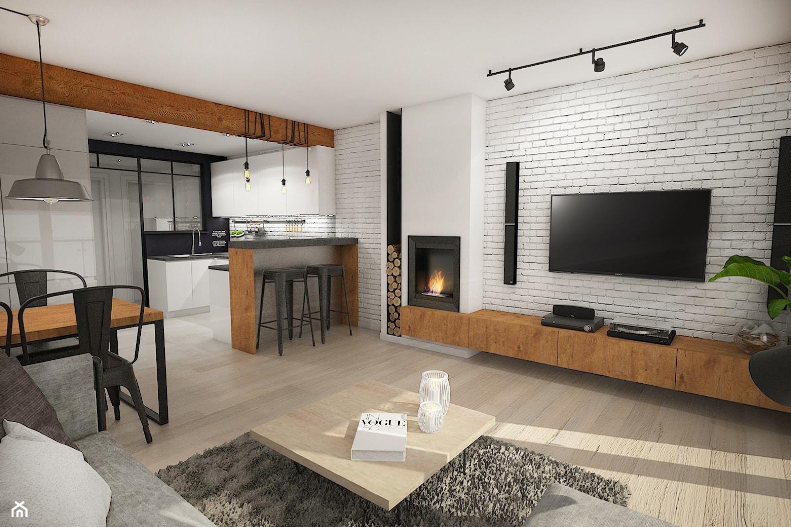 Projekt mieszkania w stylu loftowym - Średni biały salon z kuchnią z jadalnią, styl industrialny - zdjęcie od StudioArchemia - Homebook