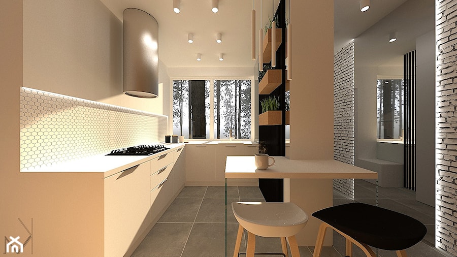 O L D HOUSE - Średnia otwarta z salonem beżowa z zabudowaną lodówką z nablatowym zlewozmywakiem kuchnia w kształcie litery l z oknem, styl nowoczesny - zdjęcie od MK Architektura Wnętrz