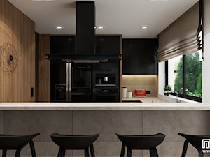 PROJEKT WNĘTRZ DOMU /125 - Średnia otwarta z kamiennym blatem czarna szara z zabudowaną lodówką kuchnia w kształcie litery g z oknem, styl nowoczesny - zdjęcie od EKLEKT DESIGN