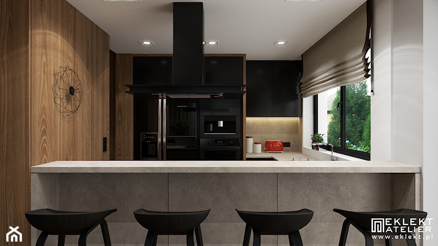 PROJEKT WNĘTRZ DOMU /125 - Średnia otwarta z kamiennym blatem czarna szara z zabudowaną lodówką kuchnia w kształcie litery g z oknem, styl nowoczesny - zdjęcie od EKLEKT DESIGN