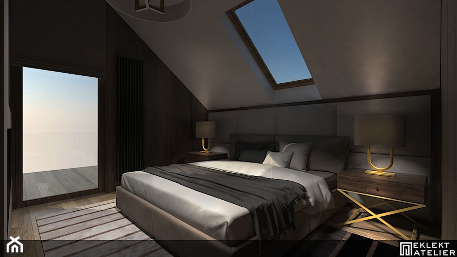 PROJEKT WNĘTRZ DOMU /160 - Średnia sypialnia na poddaszu z balkonem / tarasem, styl nowoczesny - zdjęcie od EKLEKT DESIGN