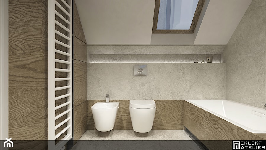PROJEKT WNĘTRZ DOMU /160 - Mała na poddaszu łazienka z oknem, styl nowoczesny - zdjęcie od EKLEKT DESIGN