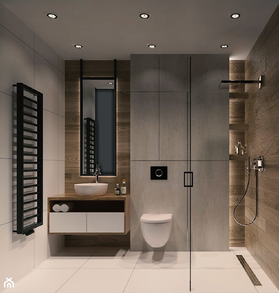 PROJEKT WNĘTRZ DOMU /160 - Średnia bez okna z lustrem z punktowym oświetleniem łazienka, styl nowoczesny - zdjęcie od EKLEKT DESIGN