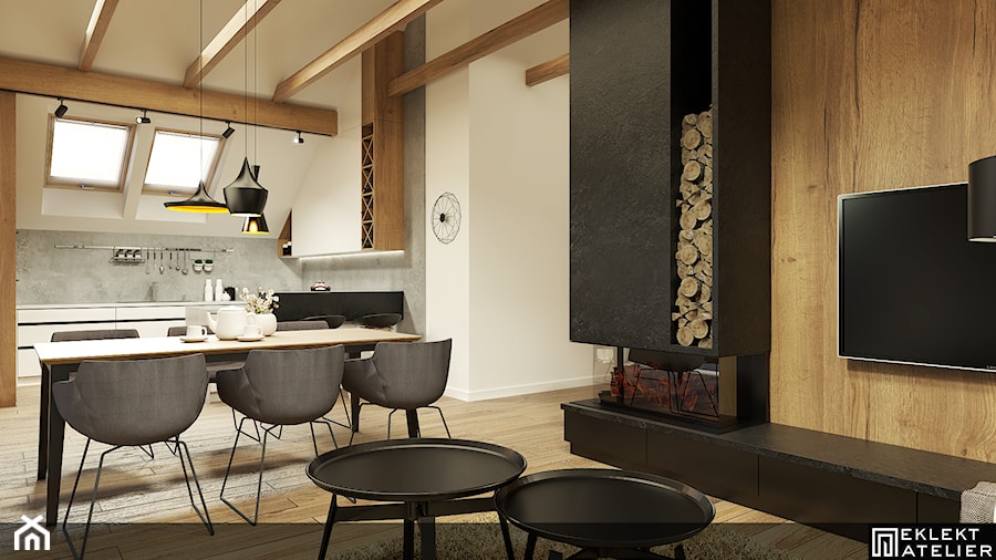 MIESZKANIE NA PODDASZU /120 - Średni czarny szary salon z kuchnią z jadalnią, styl nowoczesny - zdjęcie od EKLEKT DESIGN