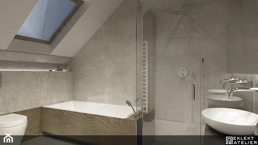 PROJEKT WNĘTRZ DOMU /160 - Średnia na poddaszu z lustrem łazienka z oknem, styl nowoczesny - zdjęcie od EKLEKT DESIGN
