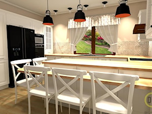 Kuchnia w stylu angielskim - Duża otwarta z salonem beżowa biała z zabudowaną lodówką z lodówką wolnostojącą z nablatowym zlewozmywakiem kuchnia w kształcie litery g z oknem, styl prowansalski - zdjęcie od DW Wnętrza