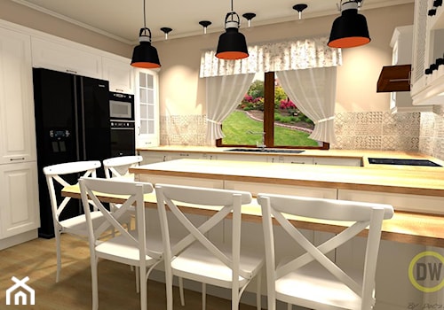 Kuchnia w stylu angielskim - Duża otwarta z salonem beżowa biała z zabudowaną lodówką z lodówką wolnostojącą z nablatowym zlewozmywakiem kuchnia w kształcie litery g z oknem, styl prowansalski - zdjęcie od DW Wnętrza